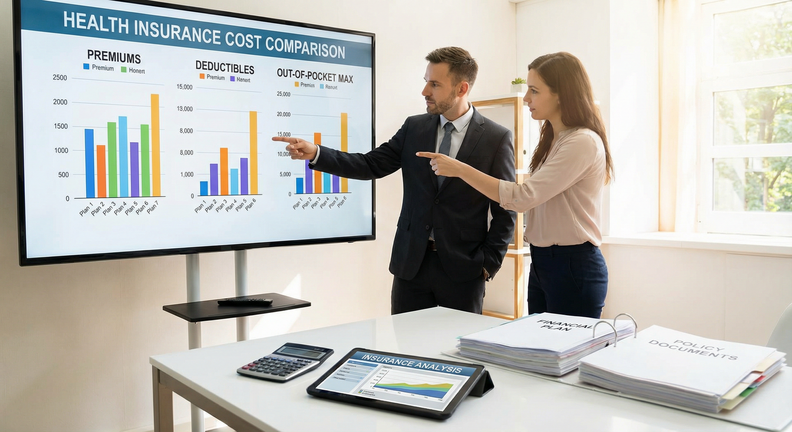Financial planning concept with insurance cost comparison chart and calculator, professional financial imagery