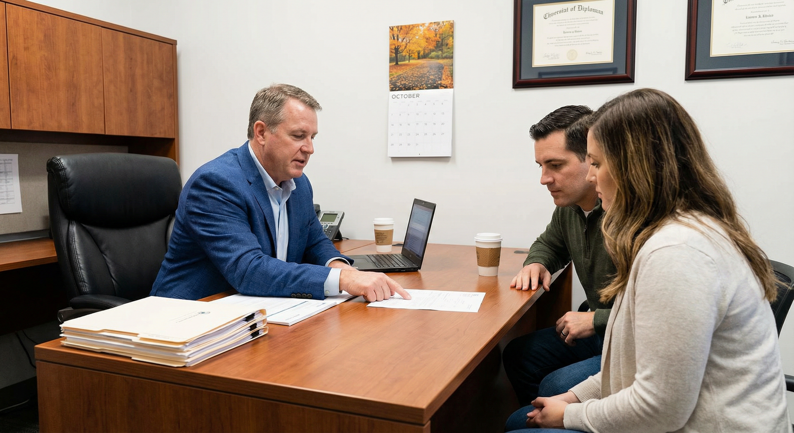Insurance agent reviewing policy documents with client, calendar visible, professional consultation setting