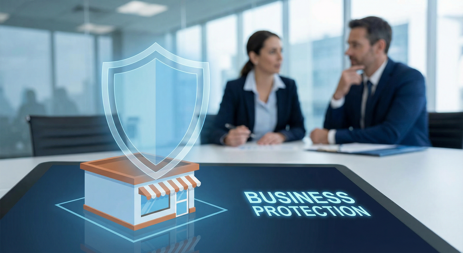 Business protection concept with shield symbol protecting a small business, professional corporate imagery